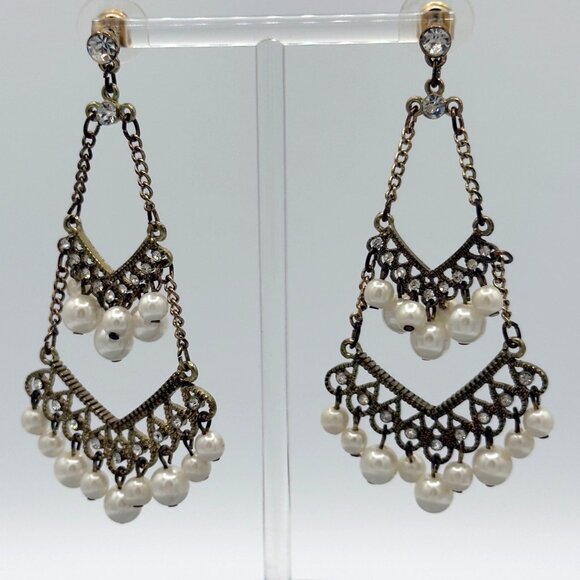 Brass Pearl Chandelier Drop Dangle Earrings Rhinestone Long - Picture 2 of 7